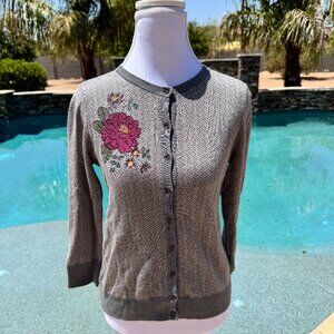 LOFT Outlet Herringbone 3/4 Sleeve Cardigan Floral Gray Sweater Size XS